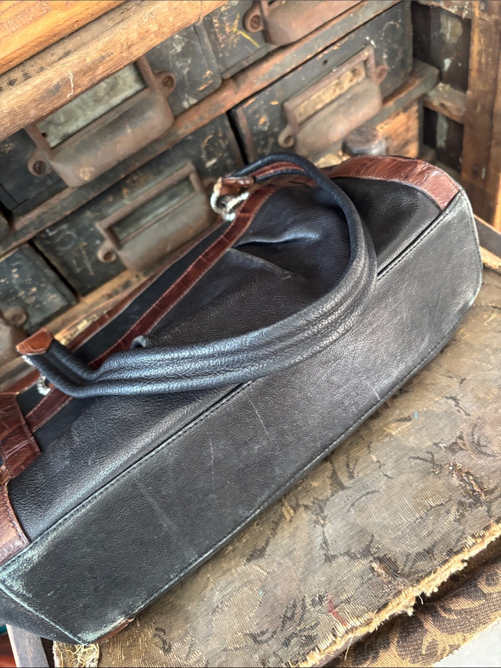 Brighton Mock Croc large Black Brown Leather Purse Doctor Style Bag Silver Trim - Picture 13 of 15
